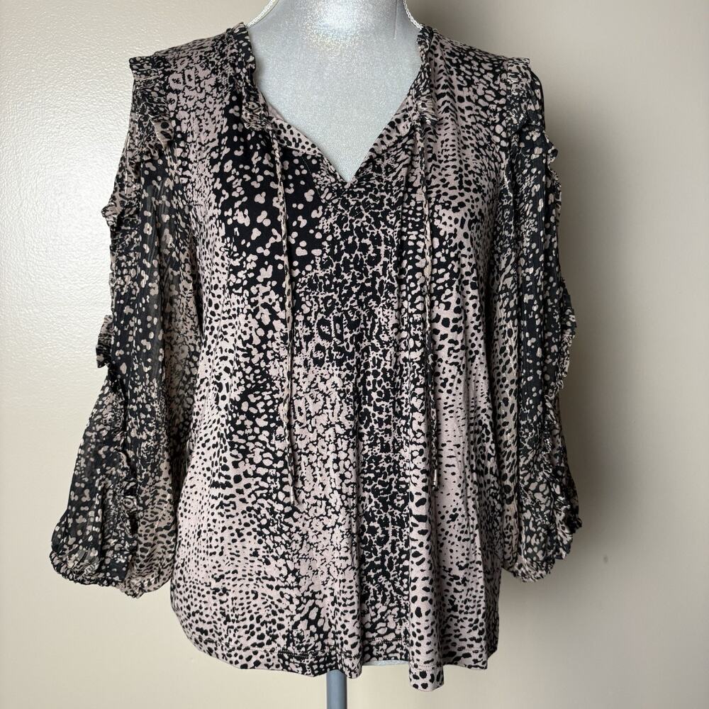 Maeve Anthropologie Animal Print Peasant Blouse Size M Ruffle Tie Neck